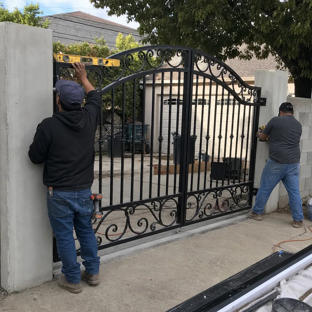 Two contractors installing a custom wrought iron driveway gate.