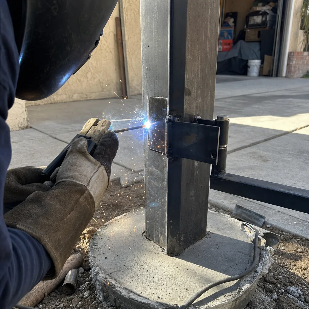 Welder installing a metal gate hinge on a steel post