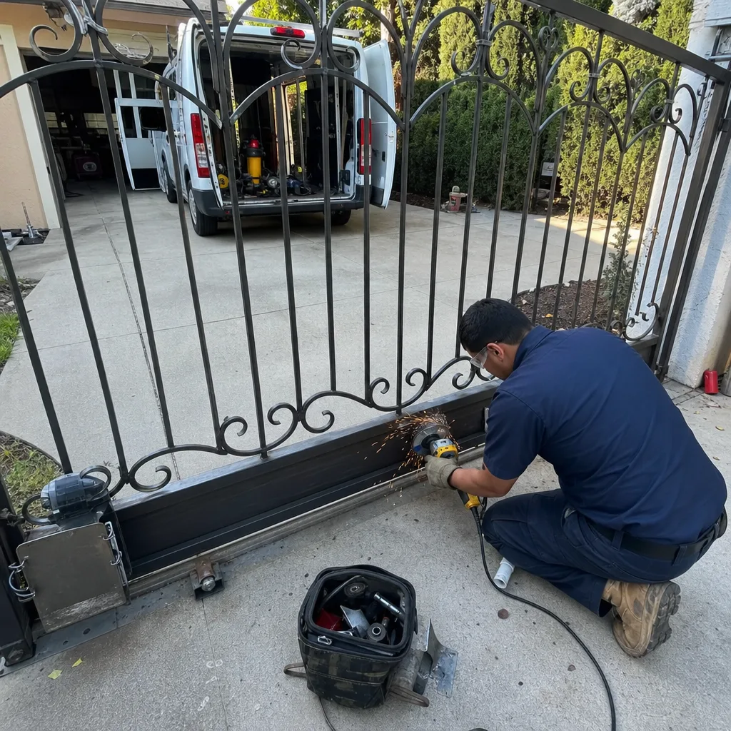 Technician using an angle grinder to perform professional gate repair services